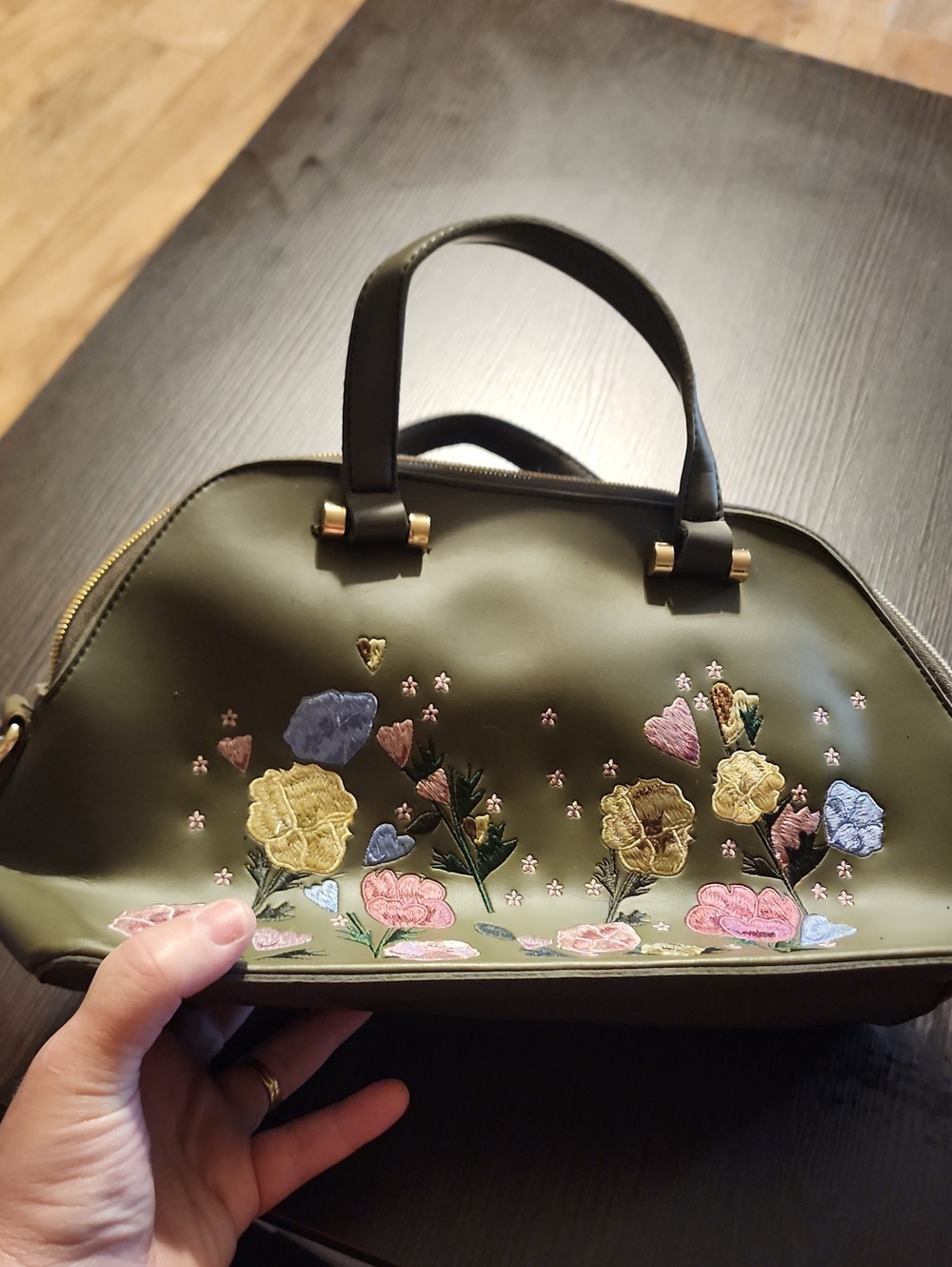 Olive Floral Embroidered Satchel Handbag